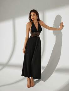 Bluhae Elegant Sexy Spaghetti Strap Lace Hollow Out Waist Midi Dress For Women - Black - View 4