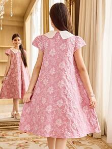SHEIN Đầm ngắn tay thanh lịch họa tiết hoa jacquard dành cho bé gái tuổi teen - Hồng - Xem 10