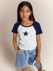 Radiana Tween Girls' Casual Simple Comfy Patchwork Contrast Star Print Round Neck T-Shirt - Blue - View 4