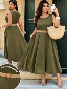 Ceyna Plus Size Olive Green Summer Midi Dress For Women,Solid Color A-Line Sleeveless Curve Dress,Smart Casual Vacation Holiday Outfit,Spring Outer Wear - Army Green - View 8
