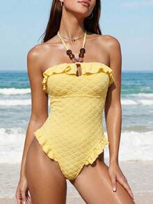 Swim Mod Women's 26SS Spring/Summer Beach Dress, One-Piece, Fresh And Sweet Textured Towel Fabric For Spring/Summer Beach, Vacation, Afternoon Tea, Picnic, Delicate Boho Acrylic Beaded Decor, Ruffle Trim, Bow Tie, Cream Yellow, Sweet And Cute, Elegant Lady, Suitable For Summer Beach, Vacation, Daily Wear - Light Yellow - View 2