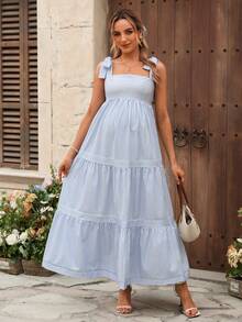 SHEIN Striped Spaghetti Strap Tie-Up Maxi Elegant Maternity Dress - Blue - View 1