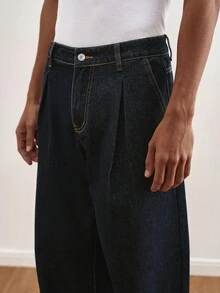 TOKVUE 男士休闲奢华水洗牛仔直筒阔腿裤 - 深色水洗藍 - 查看 5