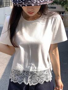 DAZY Women's Round Neck Lace Patchwork Short Sleeve Casual Chic Korean Style T-Shirt, Spring/Summer - White - View 9