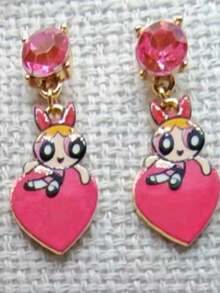 THE POWERPUFF GIRLS X SHEIN 花朵图案锌合金水钻耳钉，心形耳环套装，奢华小众，休闲时尚，适合派对、音乐会、节日等场合。 - 金色 - 查看 6