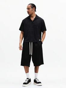 SUMWON Essentials Cropped Boxy Fit Ribbed Polo Shirt With Button Placket Collared Neckline Short Sleeve Casual Streetwear Top - Black - View 3