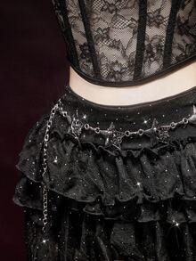 SHEIN ICON 女士水钻婚礼生日派对度假情人节黑色闪亮低腰不对称多层荷叶边下摆派对亮片性感半身裙 - 黑色 - 查看 6