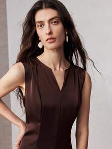 ZEYLAH Contrast Color Long Fitted Shawl Collar Dress, Spring - Mocha Brown - View 2