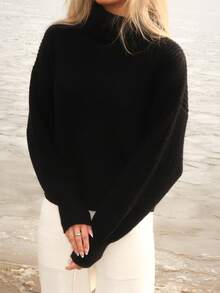 Sydney Algeri Rib-Knit Turtleneck Drop Shoulder Sweater,Long Sleeve Tops Knit Pullover Fall Winter Outfit - Black - View 3