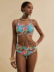 Vesra Women's Leopard & Hibiscus Floral Print Bikini Set Set, Spaghetti Strap Tank Top, Summer Beach Pool Party Holiday, Spring/Summer - Multicolor - View 4