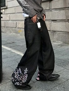 STEELVANCE Niche Floral Tree Embroidery Design Loose Straight-Leg Slimming Jeans Japanese Pants Men's Embroidered Jeans Harajuku Pants Spring To Summer - Black - View 5