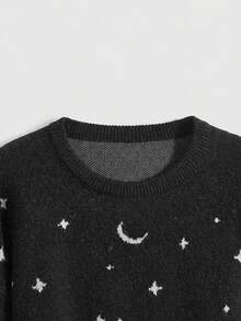 ROMWE Goth 大码女式哥特式教堂城堡星月嵌花套头毛衣，休闲秋冬款 - 黑色 - 查看 5