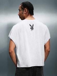 PLAYBOY X SUMWON 宽松版型背心，饰有字母印花，圆领无袖，夏季休闲必备男士棉混纺街头风，舒适百搭 - 灰色 - 查看 2