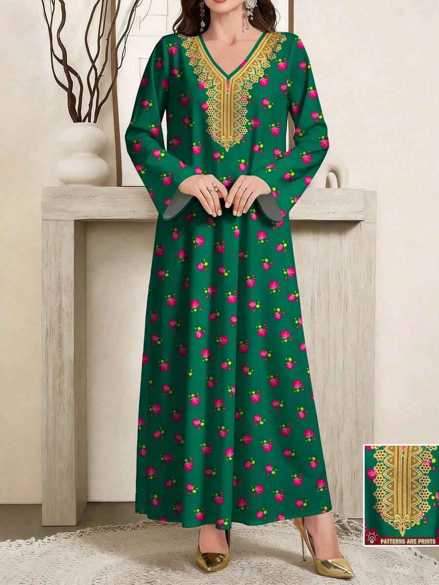 SHEIN Najma 女士花卉叶子印花V领长袖优雅连衣裙，春秋季 - 彩色 - 查看 1