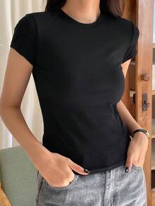 Dazy-Less Women's Fitted Elegant All-Match Casual Cotton Blend Black Short Sleeve T-Shirt, Suitable For Spring And Summer, Versatile - Black - View 3