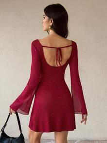 SHEIN Tall 优雅蝴蝶结露背性感亮片修身迷你连衣裙，婚礼宾客礼服，红色连衣裙，圣诞节，新年礼服 - 酒紅色 - 查看 3