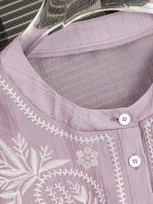 Lacomfia Áo kiểu nữ thanh lịch, dáng rộng, tối giản, thêu tinh tế, cổ tròn, tay dài. - Hồng - Xem 4