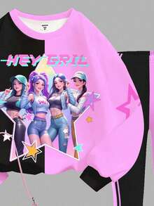 SHEIN Back To School, Cartoon Girl, Colorful Purple & Black Contrast Color, K-Pop Young Girl Casual Loose Fit Round Neck Long Sleeve Sweatshirt And Flare Pants 2 Pieces Set, Suitable For Autumn/Winter, Casual Campus Sports Style, Outdoor Picnic, Street Photography, Home - Multicolor - View 5