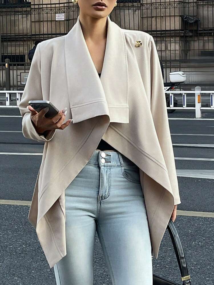 Women's Solid Color Asymmetric Hem Lapel Casual Long Sleeve Trench Coat