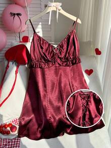 Comfortcana Plus Size Casual Ruffled A-Line Strap Dress, Red, Valentine's Day - Burgundy - View 1