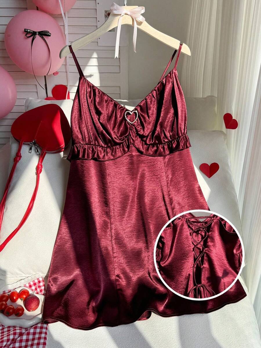 Comfortcana Plus Size Casual Ruffled A-Line Strap Dress, Red, Valentine's Day - Burgundy - View 1