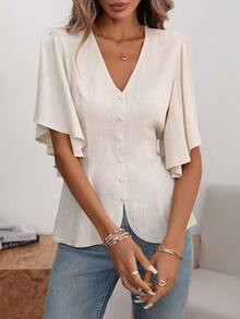 EMERY ROSE 女士纯色亚麻V领纽扣装饰鱼尾下摆泡泡袖衬衫，杏色，优雅复古法式风格，适合办公室、通勤、商务、休闲、度假、下午茶、街头等场合，简约百搭，展现澳洲休闲、波西米亚风情，日常休闲，春夏新款 - 杏色 - 查看 6