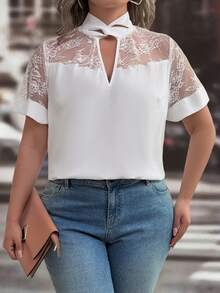 EMERY ROSE Auvina Plus Size Women's Solid Color Elegant Twist Collar Lace Patchwork Plus Size Blouse - White - View 4