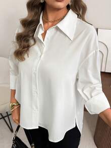 Vionelle Plus Size Woven Shirt Collar Long Sleeve Open Front Casual Blouse - White - View 6