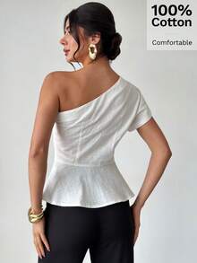 Firerie 女士优雅通勤不对称腰部露肩100%纯棉衬衫 - 白色 - 查看 7