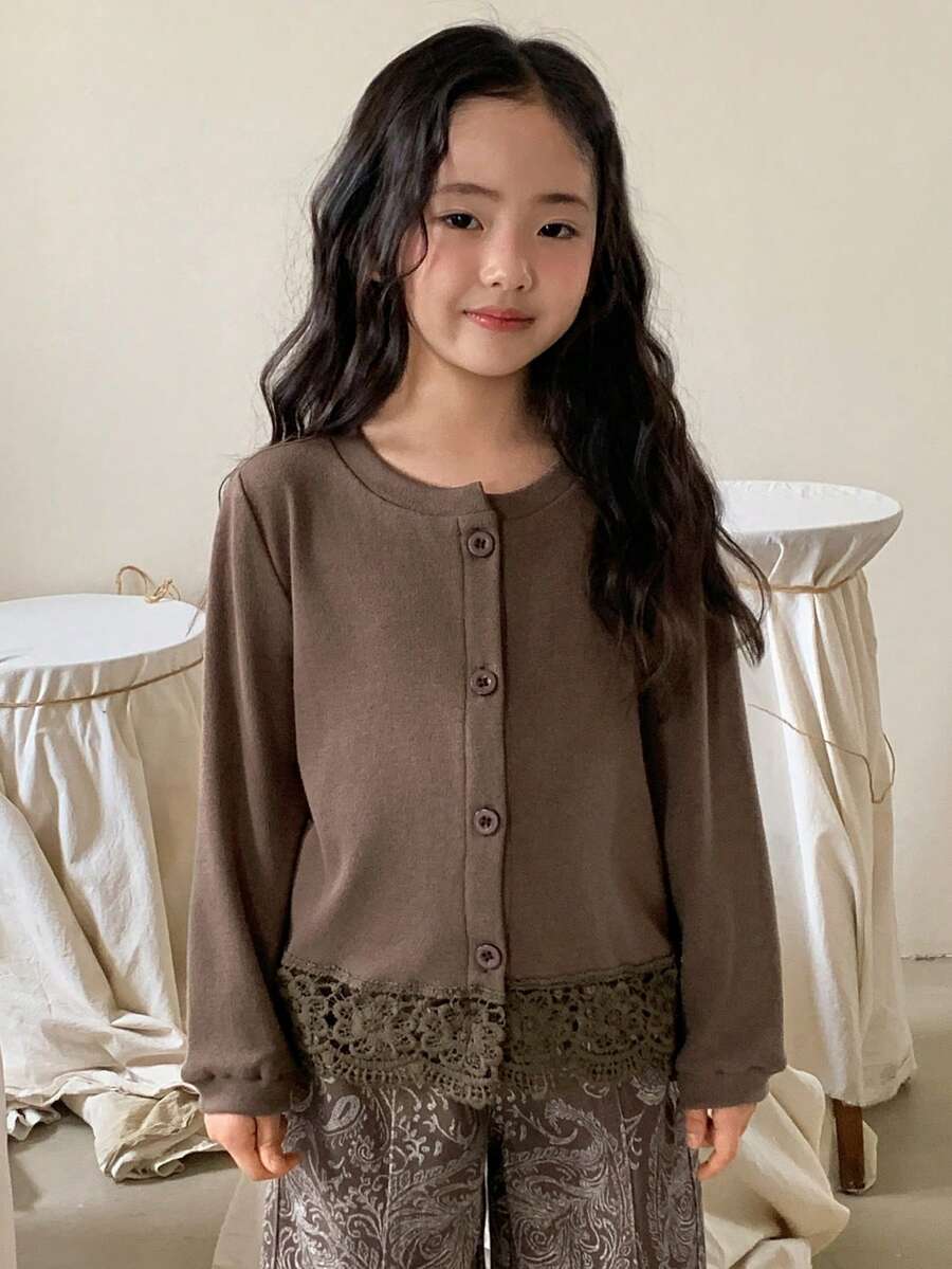 DAZY Girls (Small) Round Neck Lace Patchwork Long Sleeve Casual T-Shirt, Spring/Autumn - Coffee Brown - View 1