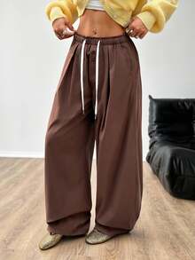 SHEIN EZwear Brown Pants Women's Brown Woven Solid Color Casual Pants - Coffee Brown - View 4