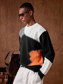 AKNOTIC 男士撞色圆领长袖休闲宽松套头毛衣 - 彩色 - 查看 3