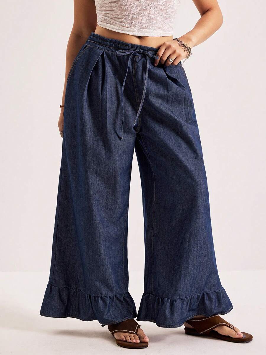 Freevana 大码休闲水洗荷叶边阔腿牛仔裤,情人节、夏季、狂欢节、海滩、派对、优雅、外出,大码休闲水洗复古阔腿牛仔裤,休闲街头拼接口袋宽松阔腿牛仔裤,宽松牛仔裤,休闲日常水洗斜插口袋宽松牛仔裤,深色水洗牛仔布,松紧腰牛仔裤,蝴蝶结腰带,抽绳腰带,荷叶边裤脚,法式休闲风,优雅休闲牛仔裤,清新夏季牛仔,度假牛仔,海滩,下午茶,周末度假,夏季街头风,荷叶边七分牛仔裤,春夏宽松牛仔裤 - 藍色 - 查看 1