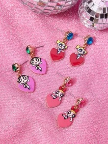 THE POWERPUFF GIRLS X SHEIN 花朵图案锌合金水钻耳钉，心形耳环套装，奢华小众，休闲时尚，适合派对、音乐会、节日等场合。 - 金色 - 查看 2