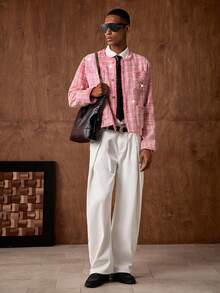 AKNOTIC Business Casual Men's Plaid Print Button Front Pocket Long Sleeve Cardigan Jacket - Pink - View 7