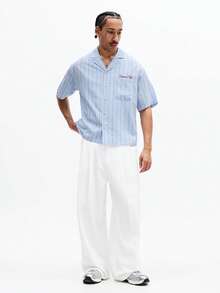 SUMWON Men Boxy Fit Short Sleeve Revere Collar Button Down Striped Shirt With Embroidery Summer Casual - Blue and White - View 3