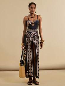 SHEIN Veneréa 女士夏季度假黑色优雅金属装饰连体泳衣及长裙两件套泳衣，沙滩装 - 彩色 - 查看 1