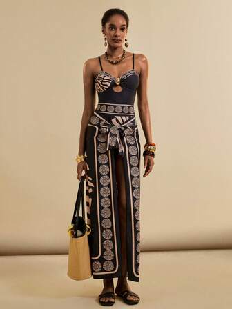 SHEIN Veneréa Women's Summer Vacation Black Elegant Metal Decor Jumpsuit & Long Skirt 2-Piece Swimsuit Set, Beach Outfit