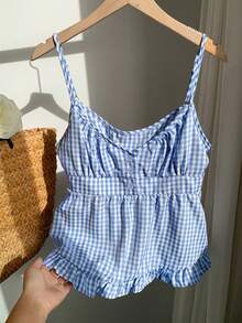 SHEIN EZwear 女士宽松休闲蓝色格子荷叶边吊带背心，春夏款 - 藍色 - 查看 5