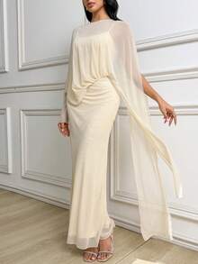 Modelyn Women's Apricot Autumn Elegant Dining Dress,Solid Round Neck Ribbon Fitted Mermaid Hem Batwing Long Sleeve Sheer Long Dress With Cape Goddess Dress - Light Yellow - View 1