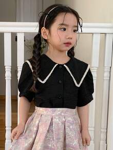 DAZY Young Girl' Cute Peter Pan Collar Short Sleeve Blouse, Summer Spring - Black - View 3