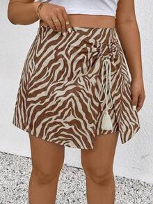 SHEIN Frenchy Plus Size Casual Vacation Fringe Zebra Print Shorts - Brown - View 1