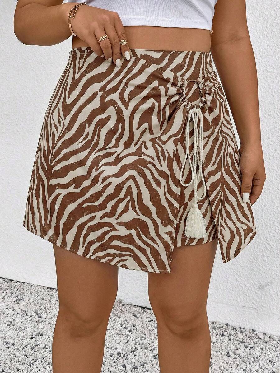 SHEIN Frenchy Plus Size Casual Vacation Fringe Zebra Print Shorts - Brown - View 1