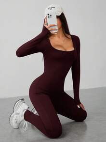 SHEIN PETITE Spring Scoop Neck Black Long Sleeve Bodysuit Jumpsuit - Red Violet - View 4