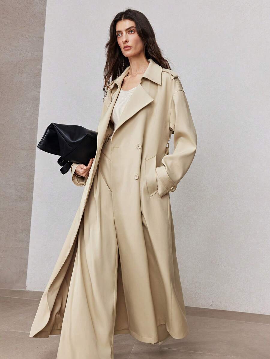 ZEYLAH Women's Solid Color Casual Oversized Trench Coat, Spring - Khaki - View 1