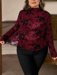 SHEIN CURVE+ 女士加大码印花透视高领网纱上衣（不含胸罩），适合都市通勤、商务休闲、办公室穿着，优雅百搭，也适合圣诞派对、新年庆祝活动，红色上衣 - 紅色 - 查看 6