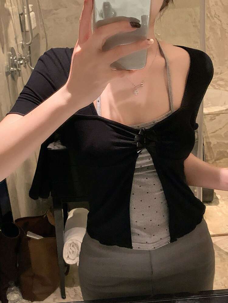 Women's Casual Short Sleeve T-Shirt With Ruffle Hem And Contrast Color Blocking, Girly Style