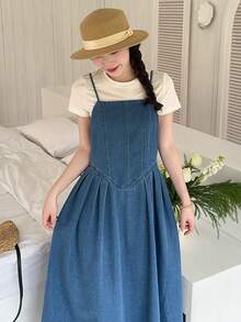 DAZY Women's Denim Suspender Dress, Korean Style Washed Elegant - Medium Wash - View 1