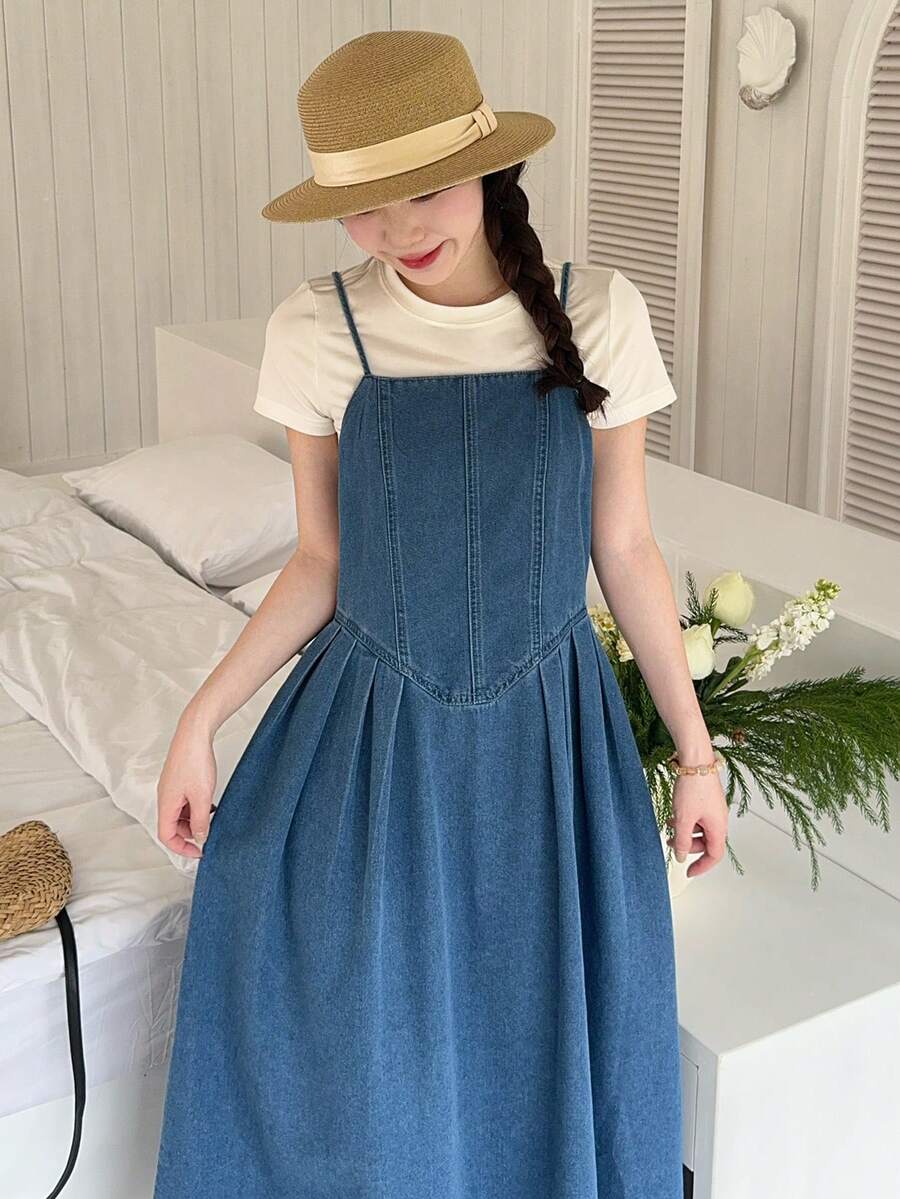 DAZY Women's Denim Suspender Dress, Korean Style Washed Elegant - Medium Wash - View 1