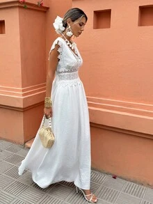 Selianne Women's Lace Patchwork V-Neck A-Line Dress, French Style Vacation Dress - White - View 5